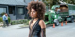 Zazie Beetz as Domino in front of wood chipper in Deadpool 2