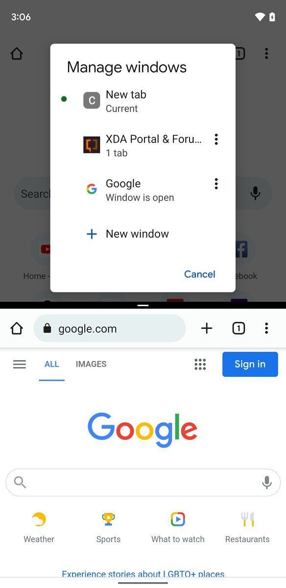 Google Chrome Manage Windows Dialog Split Screen