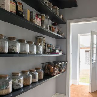 kitchen pantry with grey shelves on wall and white door
