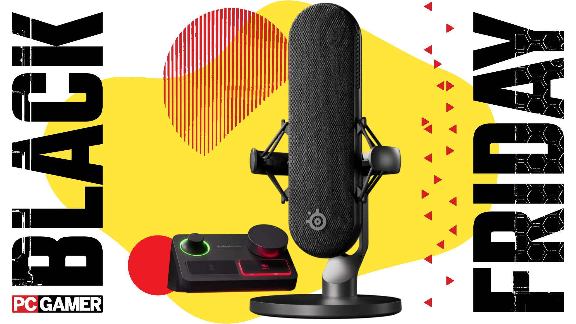 PCGamer&#039;s Black Friday image template with a SteelSeries Alias Pro mic kit at the centre.
