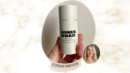 A hand holding Jones Road Foundation Stick next to an image of beauty editor Fiona McKim smiling