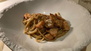 Spaghettone with octopus, garlic, olive oil and chilli