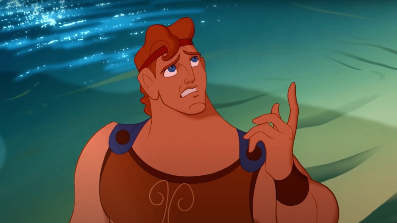 Hercules looking confused and gesturing upward toward something off screen.