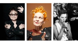 Three portraits: a woman with short dark hair and glasses crosses her arms; a woman with curly orange hair and small horns looks up; a black-and-white image of a woman lighting a cigarette.