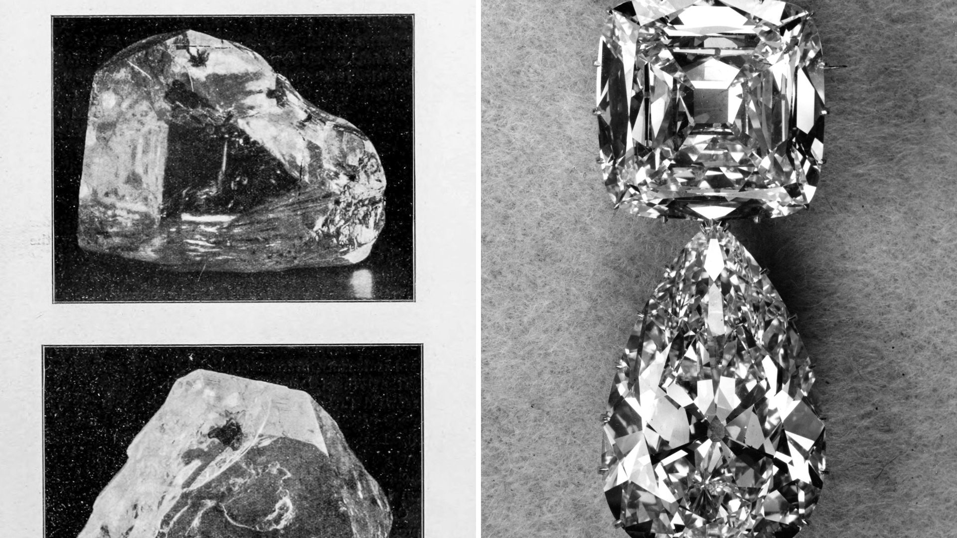 The Cullinan diamond before it was cut (left) and the Cullinan diamond as a brooch (right)