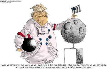 Political cartoon U.S. Trump moon exploration NASA science