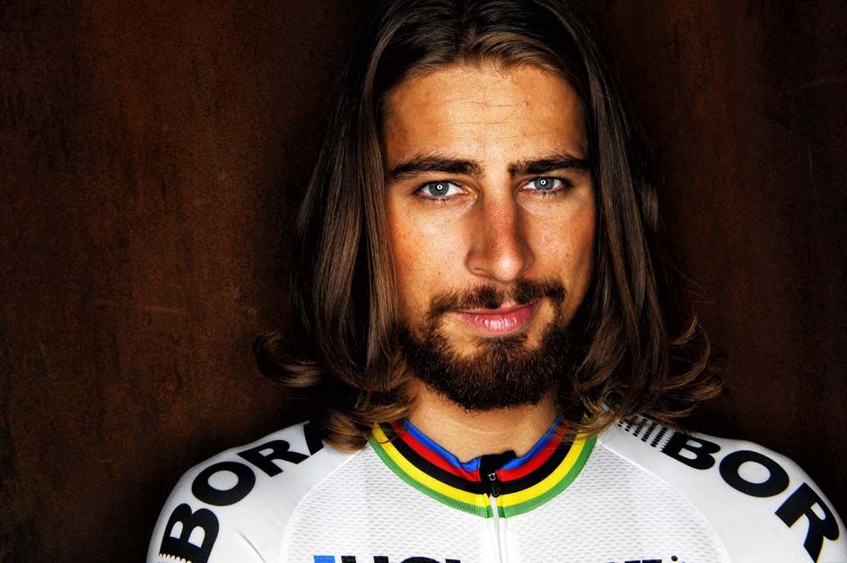 Peter Sagan shows off his rainbow stripes