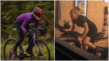 Woman cycling outside and inside on an indoor trainer
