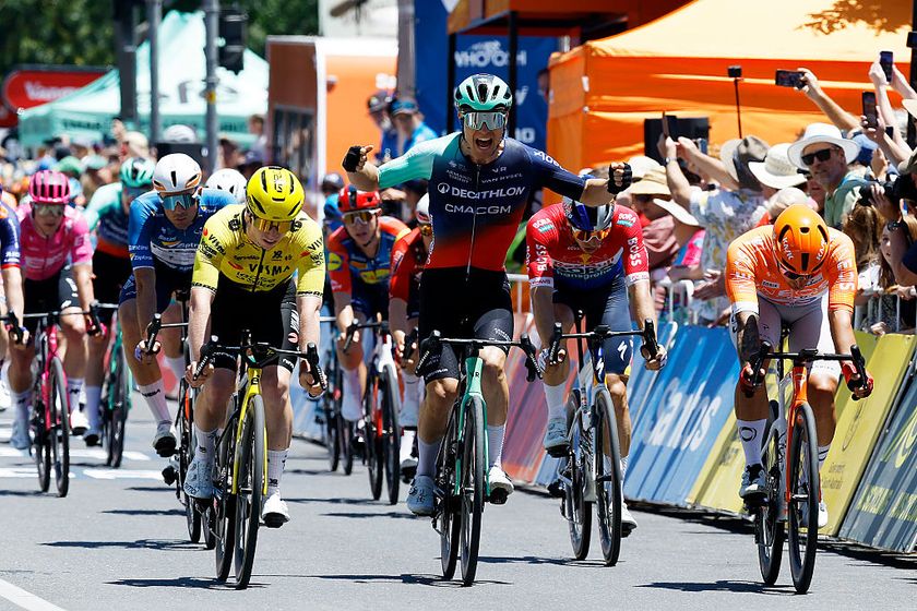 TANUNDA, AUSTRALIA - JANUARY 21: Tobias Lund Andresen of Denmark and Decathlon CMA CGM Team celebrates at finish line as stage winner (C) ahead of Matthew Brennan of Great Britain and Team Visma | Lease a Bike (L) and Sam Welsford of Australia and Team INEOS Grenadiers (R) during the 26th Santos Tour Down Under 2026, Stage 1 a 120.6km stage from Tanunda to Tanunda on January 21, 2026 in Tanunda, Australia. (Photo by Con Chronis/Getty Images)