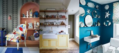 Styling a shelf. Living room with arched shelving and colorful lounge chair, kitchen space with yellow cupboards and shelving with glass jars, blue bathroom with shelves displaying decorative mirrors
