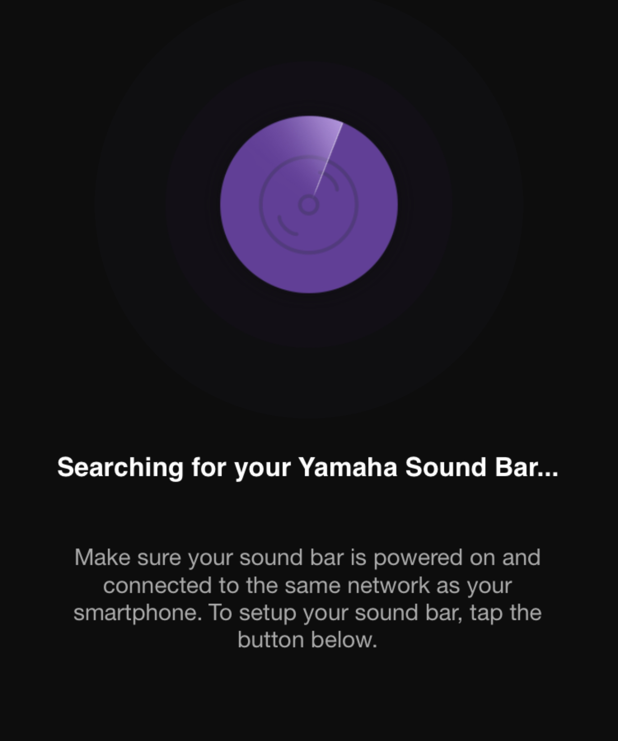 Screenshot of Yamaha Sound Bar app searching for Yamaha soundbar.