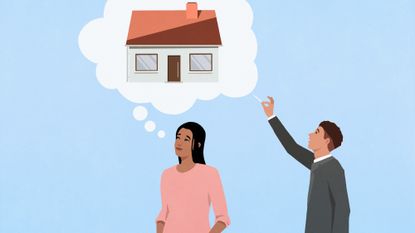 Illustration of a man with a pin standing behind a woman daydreaming about home ownership, about to poke her thought bubble