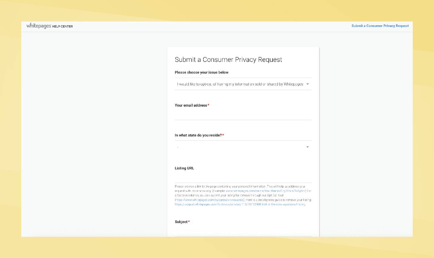 Whitepages consumer privacy request