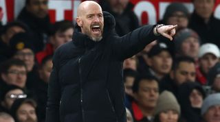 Manchester United's Dutch manager Erik ten Hag gestures on the touchline during the English Premier League football match between Manchester United and Tottenham Hotspur at Old Trafford in Manchester, north west England, on January 14, 2024. (Photo by Darren Staples / AFP) / RESTRICTED TO EDITORIAL USE. No use with unauthorized audio, video, data, fixture lists, club/league logos or 'live' services. Online in-match use limited to 120 images. An additional 40 images may be used in extra time. No video emulation. Social media in-match use limited to 120 images. An additional 40 images may be used in extra time. No use in betting publications, games or single club/league/player publications. / (Photo by DARREN STAPLES/AFP via Getty Images)