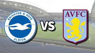 The Brighton & Hove Albion and Aston Villa club badges on top of a photo of The Amex Stadium in Brighton, England