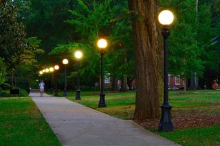 A walkway on a college campus 