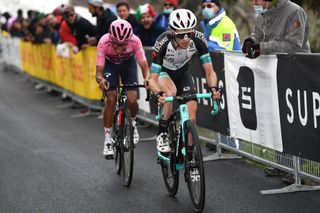 MONTE ZONCOLAN ITALY MAY 22 Egan Arley Bernal Gomez of Colombia and Team INEOS Grenadiers Pink Leader Jersey Simon Yates of United Kingdom and Team BikeExchange at Monte Zoncolan 1730m during the 104th Giro dItalia 2021 Stage 14 a 205km stage from Cittadella to Monte Zoncolan 1730m UCIworldtour girodiitalia Giro on May 22 2021 in Monte Zoncolan Italy Photo by Tim de WaeleGetty Images