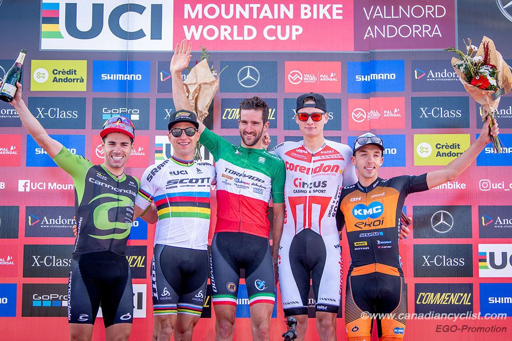 Podium: l to r - Henrique Avancini, Nino Schurter, Gerhard Kerschbaumer, Mathieu van der Poel, Jordan Sarrou