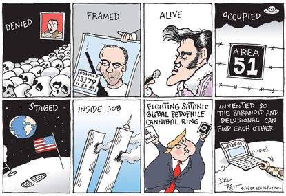 Political Cartoon U.S. qanon conspiracies Trump