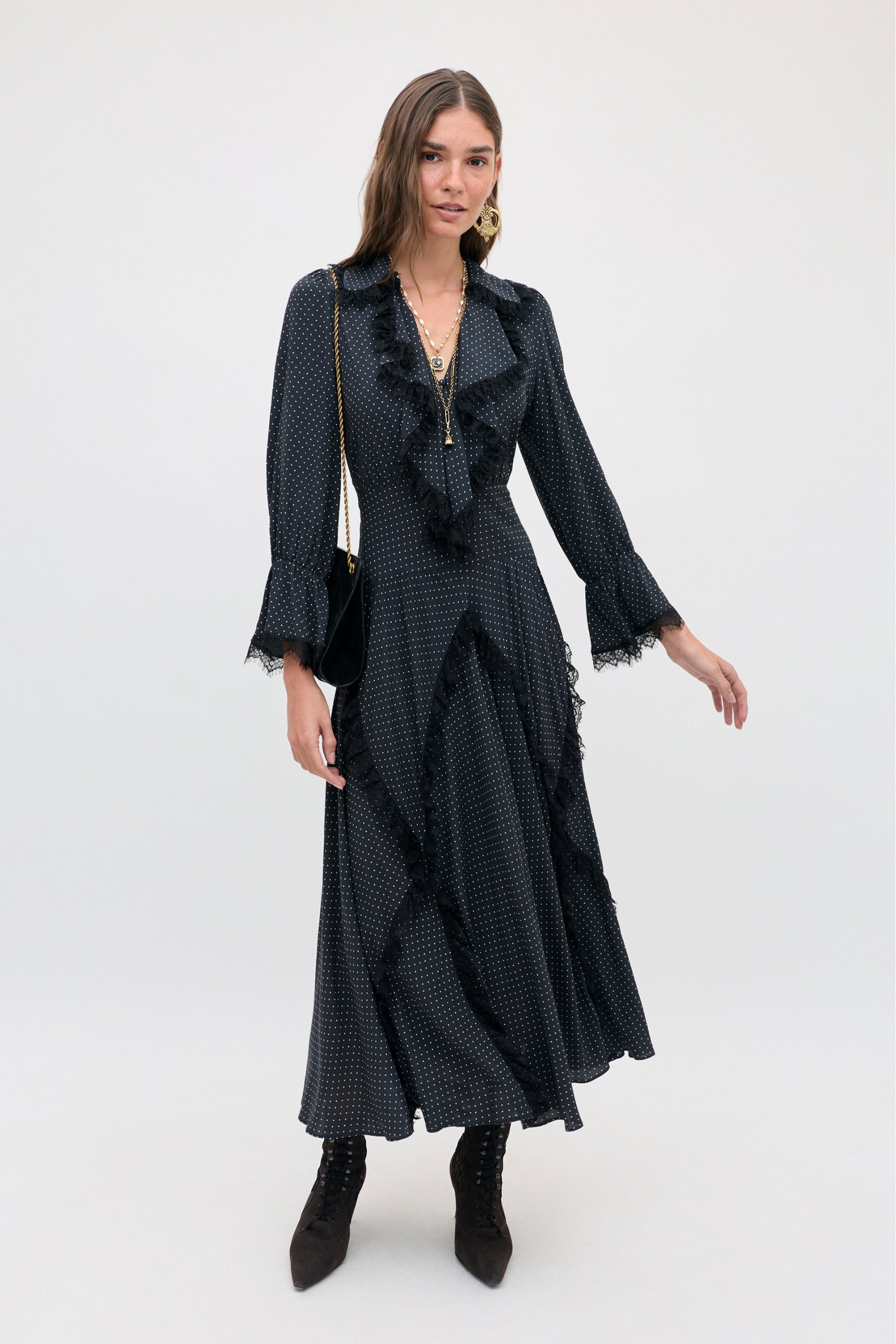 Aerin Midi Dress in Micro Polka Dot Black
