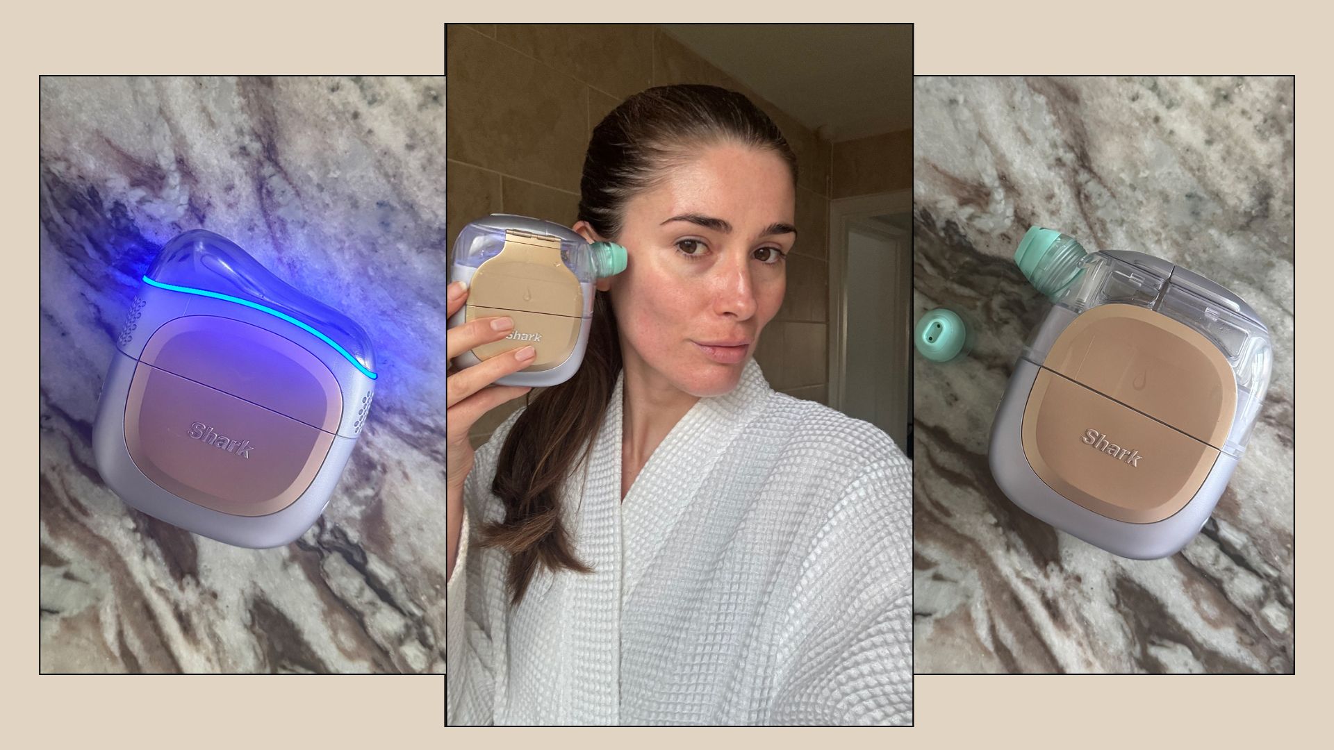 Eleanor reviewing the Shark Beauty FacialPro Glow + Depuffi device on her skin, alongside pictures of the different attachments