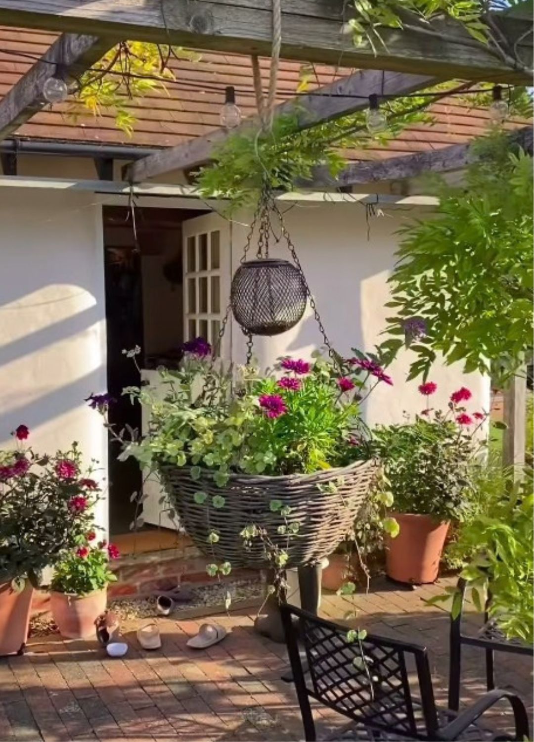 Screenshot of bird feeder attached to hanging basket in garden