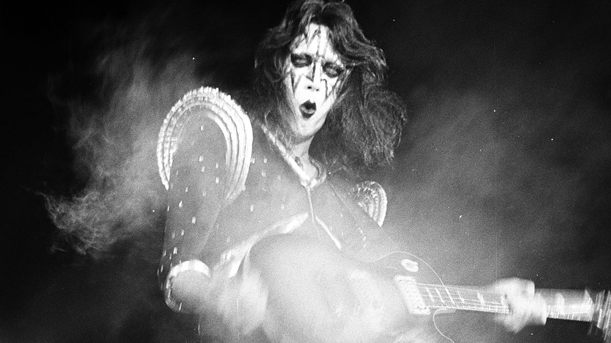 Ace Frehley of the rock and roll band &#039;Kiss&#039; performs onstage in circa 1977 in Los Angeles, California. 