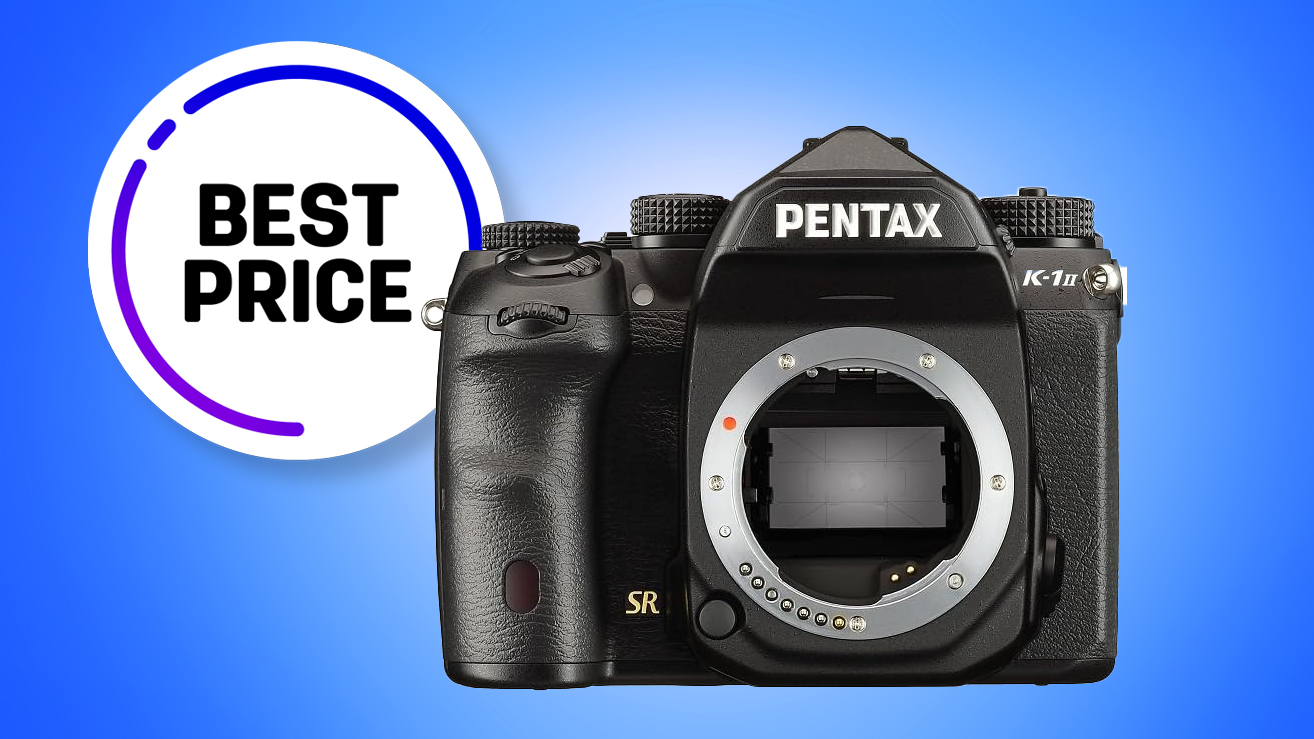 A Pentax K-1 Mark II camera body is centered on a vibrant blue background. A "Best Price" label in bold black text on a white circular badge appears to the left