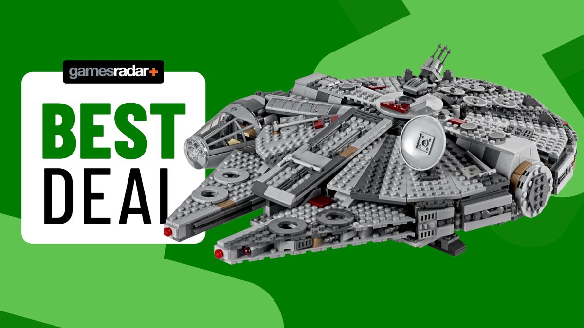 Lego Millennium Falcon set beside a &#039;best deal&#039; badge, against a green background