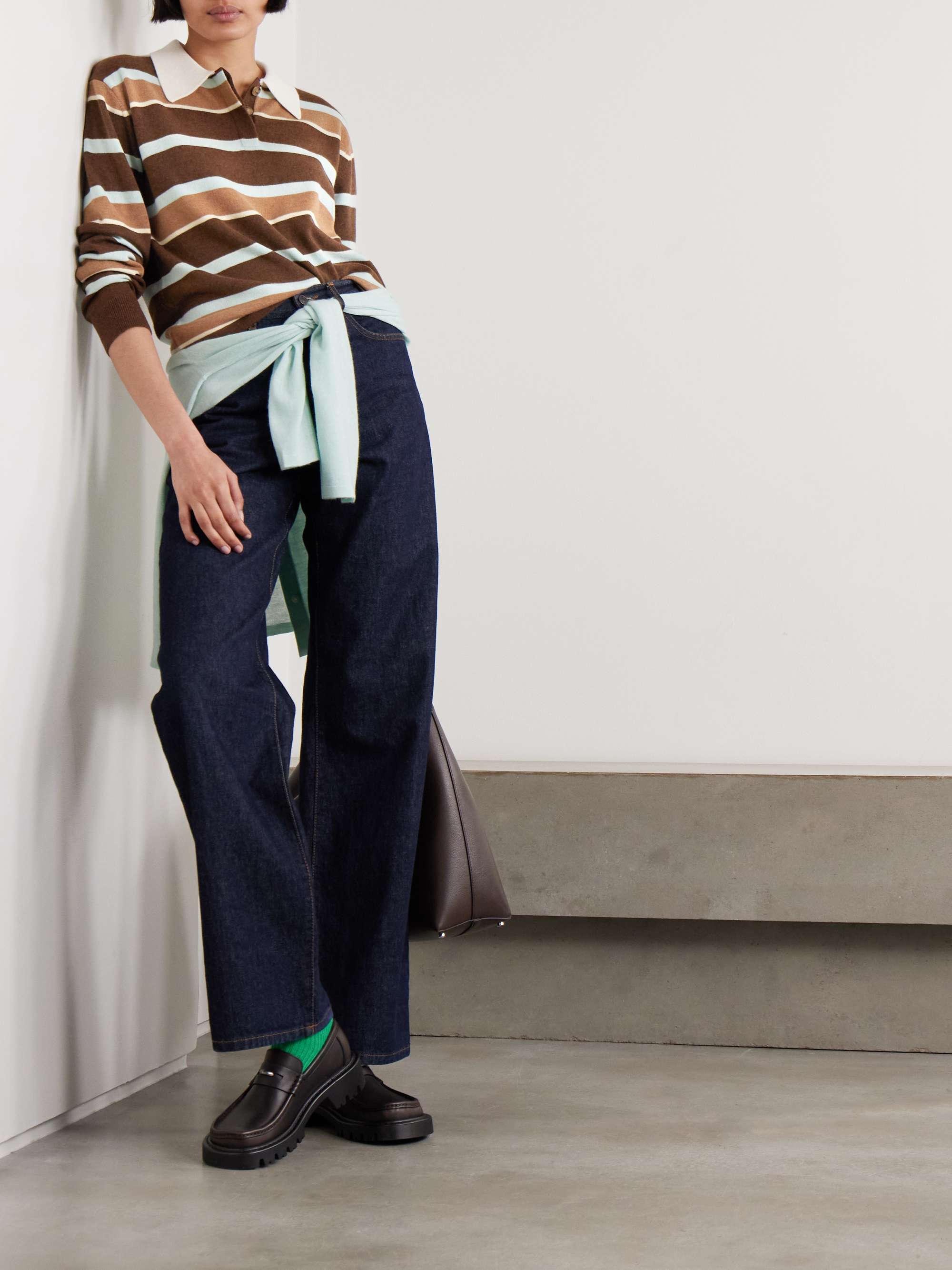 Cropped Striped Cashmere Polo Sweater