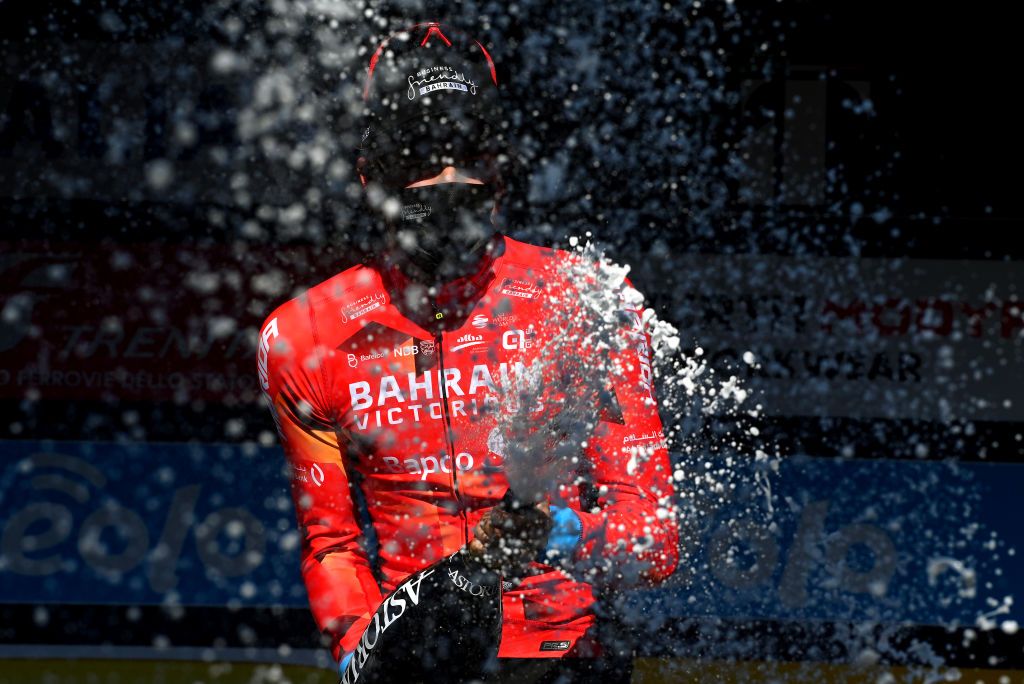SAN BENEDETTO DEL TRONTO ITALY MARCH 13 Phil Bauhaus of Germany and Team Bahrain Victorious celebrates at podium as stage winner during the 57th TirrenoAdriatico 2022 Stage 7 a 159km stage from San Benedetto del Tronto to San Benedetto del Tronto TirrenoAdriatico WorldTour on March 13 2022 in San Benedetto del Tronto Italy Photo by Tim de WaeleGetty Images