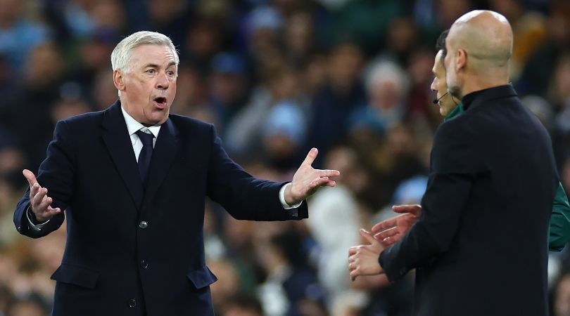 Real Madrid coach Carlo Ancelotti gestures to Manchester City manager Pep Guardiola during a Champions League match in April 2024.