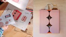 a pink cabinet with scalloped edges on a wall as well as sketches of the before