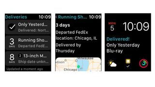 Skjermbilder fra appen Deliveries på en Apple Watch.