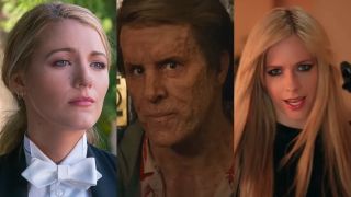 Blake Lively pictured in A Simple Favor, Ryan Reynolds pictured in Deadpool & Wolverine, and Avril Lavigne pictured in the Bite Me video, shown side by side.