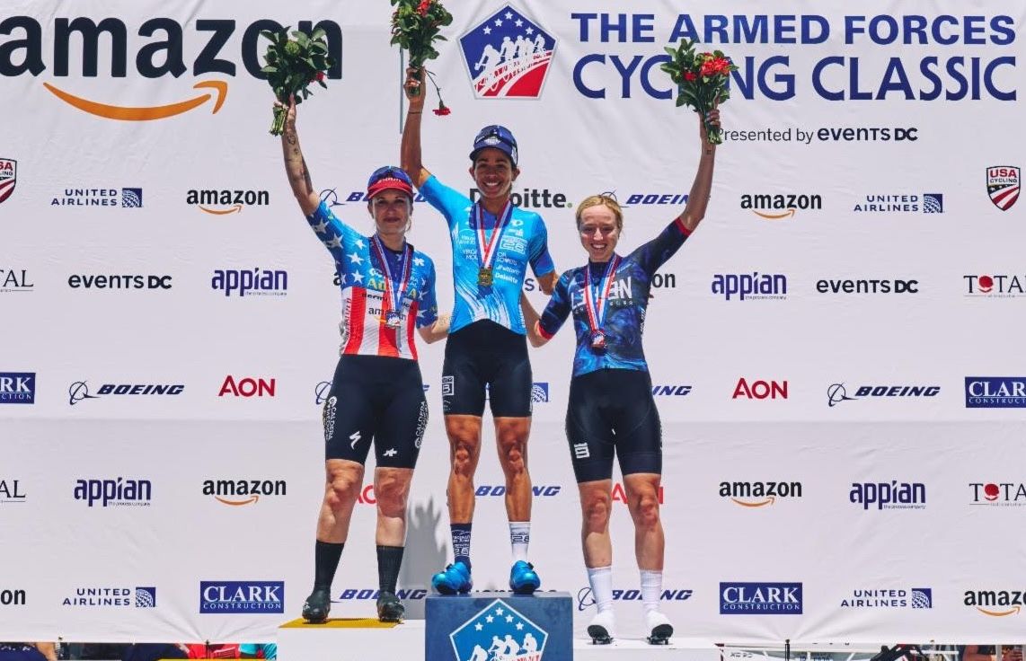 2026 Amazon Armed Forces Cycling Classic women's podium (L to R): Kendall Ryan second, winner Marlies Mej&iacute;as and Skylar Schneider third