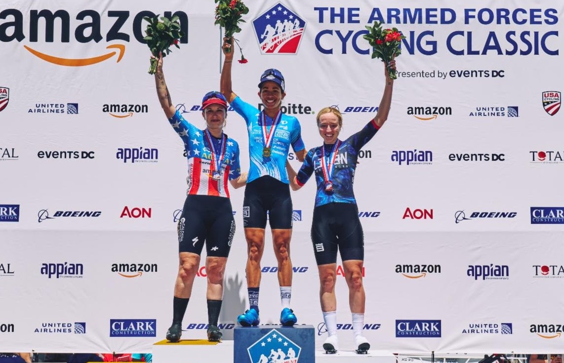 2026 Amazon Armed Forces Cycling Classic women's podium (L to R): Kendall Ryan second, winner Marlies Mej&iacute;as and Skylar Schneider third