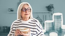 Woman with mug with coins behind her 