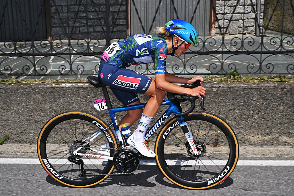 SONDRIO, ITALY - JUNE 17: Urska Zigart of Slovenia and Team AG Insurance - Soudal competes in the breakaway during the 10th Tour de Suisse Women 2026, Stage 1 a 109.3km stage from Sondrio to Sondrio / #UCIWWT / on June 17, 2026 in Sondrio, Italy. (Photo by Tim de Waele/Getty Images)