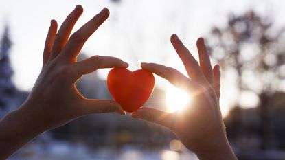 Hands hold up a plastic heart while the sun shines behind it. 