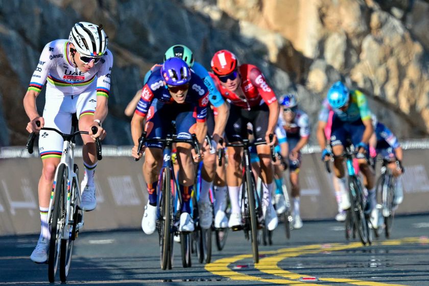 Oscar Onley (centre) battles to finish second behind Tadej Pogačar (left) on stage 3 of the 2025 UAE Tour