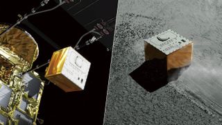 Japan's Hayabusa2 spacecraft successfully dropped the MASCOT lander on the asteroid Ryugu on Oct. 3, 2018 (Japan Standard Time). Left: Illustration of the MASCOT lander separating from the Hayabusa2 mothership. Right: Illustration of MASCOT landing on the surface of the asteroid Ryugu. 