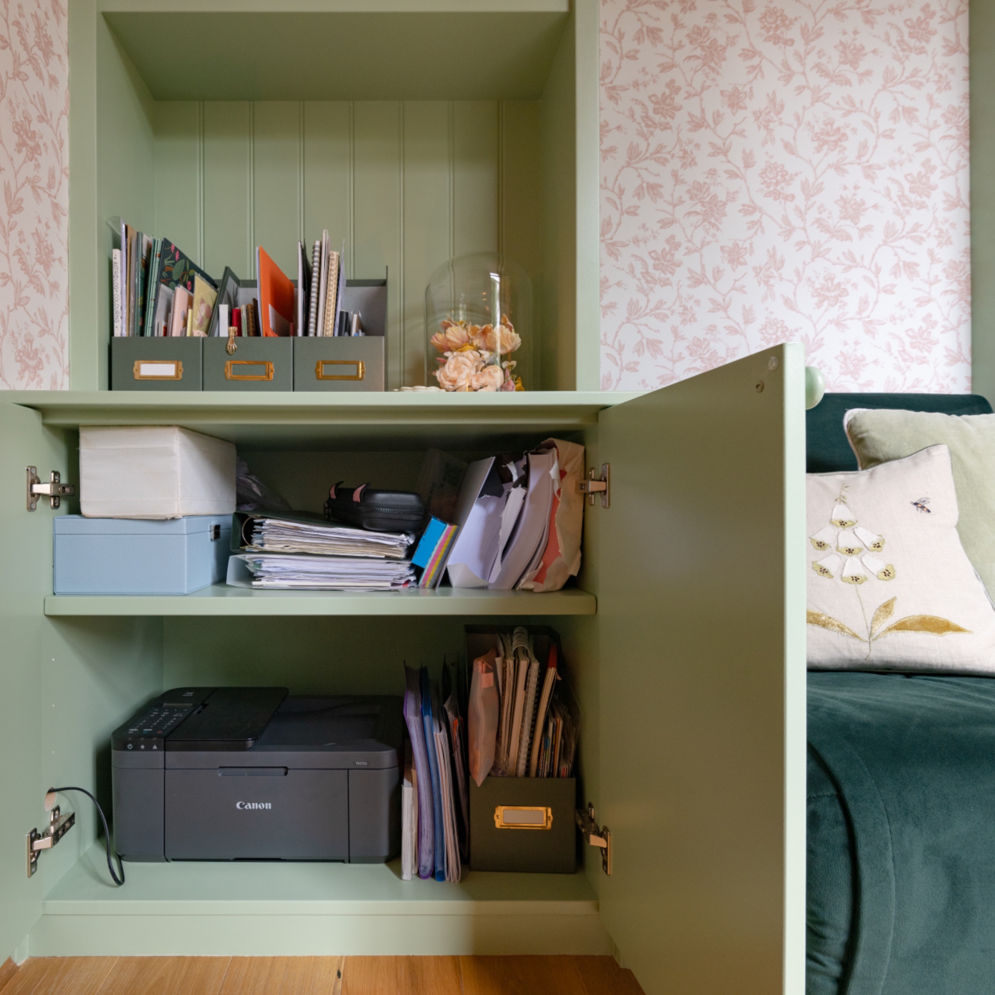 bespoke cabinet for office items, doors open