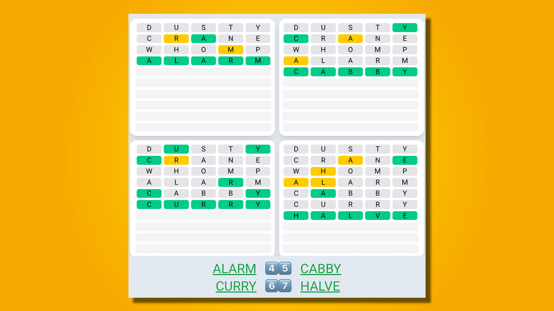 Quordle Daily Sequence answers for game 533 on a yellow background
