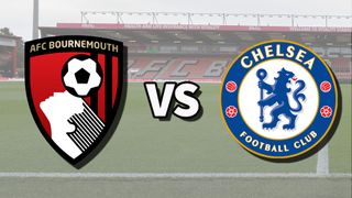 The AFC Bournemouth and Chelsea club badges on top of a photo of the Vitality Stadium in Bournemouth, England