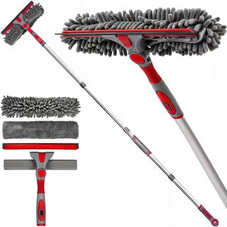 A red, silver and gray window cleaning kit with various attachment heads and a telescopic silver extendable handle