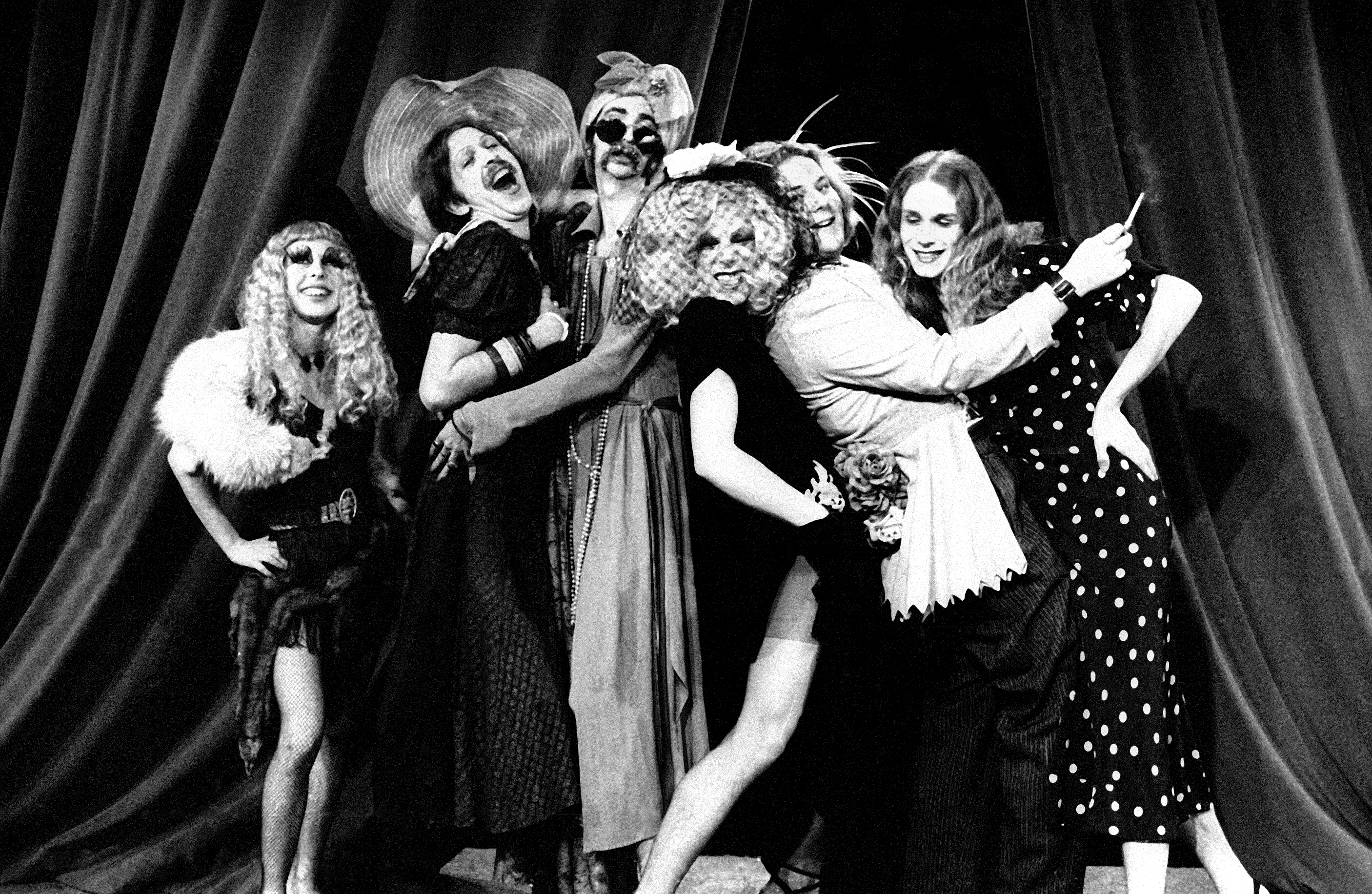 The Cockettes, a gender bending performance group from San Francisco pictured in 1972. Photographed are Sweet Pam Tent, Scrumbly Koldewyn, Drew Eshelman, John Rothermel, Kreemah Ritz and Chris Flynn.
