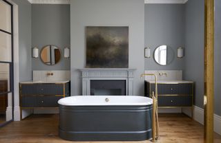 bathroom vanity ideas with symmetrical vanity units and black bath tub