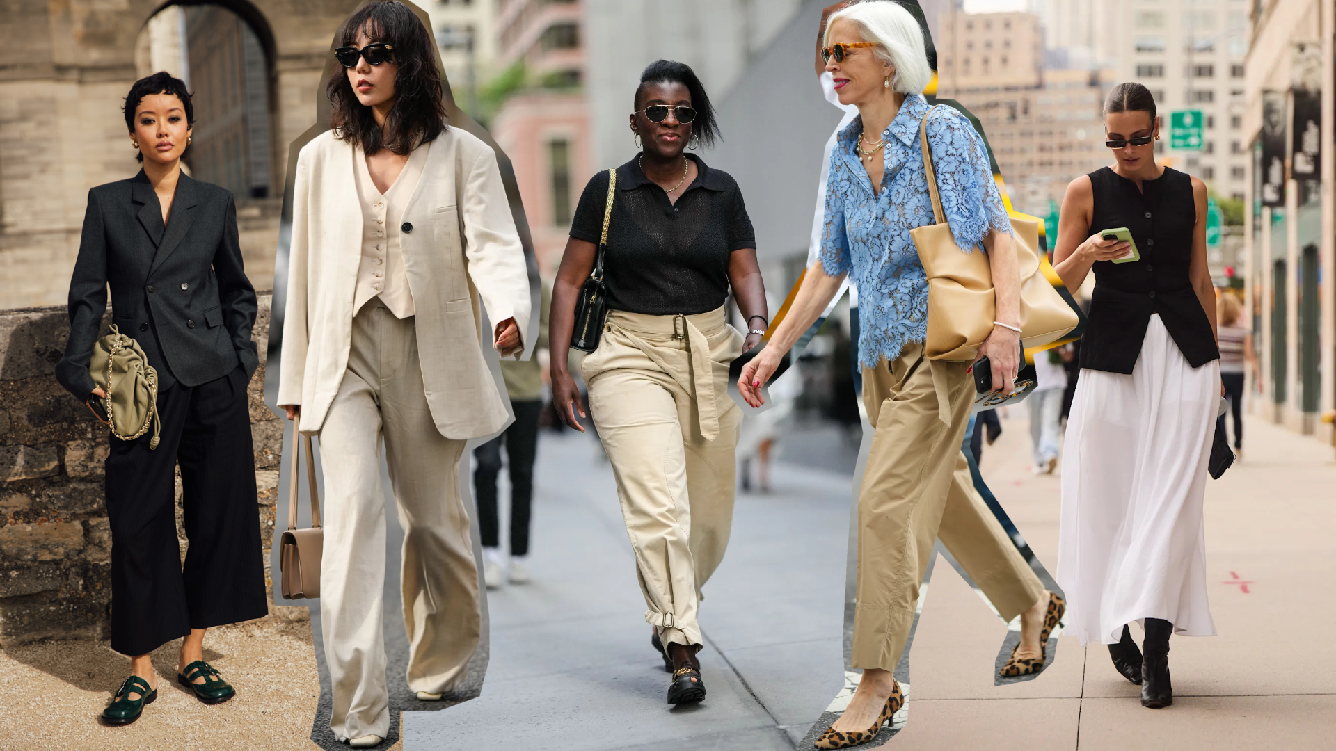Six images of women wearing summer work outfits, including linen suits, button-down shirts, and pleated dresses