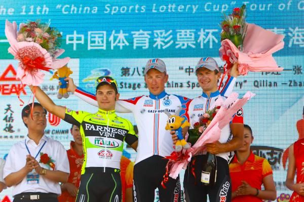 Podium for the stage; Andrea Guardini (Ita) Farnese Vini - Selle Italia, Artur Ershov (Rus) RusVelo and Ivan Kovalev (Rus) RusVelo